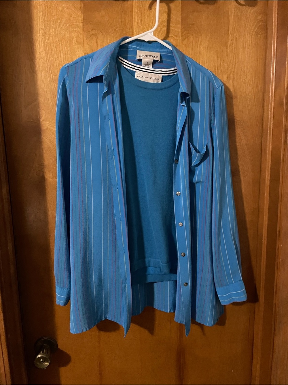 Evan Picone set Teal and Light Blue Striped Casual Button-Down with knit shell